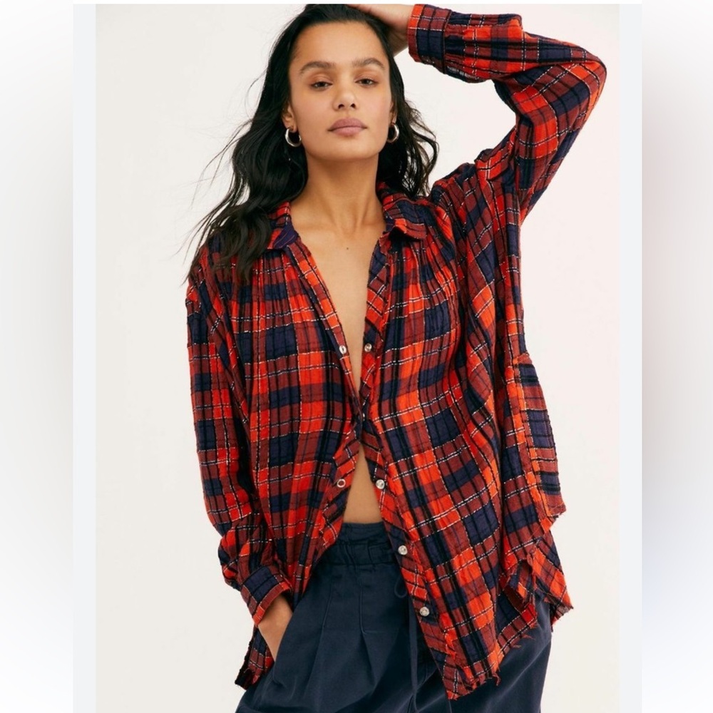 Free People Red and Blue Plaid Button Down Shirt